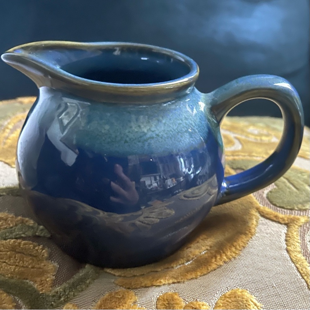 Vintage Handmade Ceramic Pottery Creamer Blue Ombre Glazed Pitcher Cottagecore